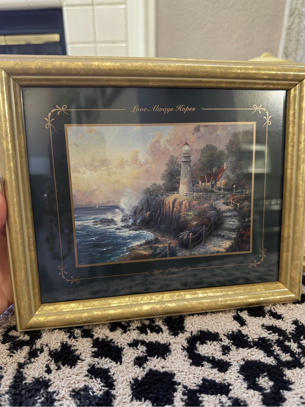 Thomas Kinkade Lighthousew Coastal Print in Gold Frame “Light of Peace”